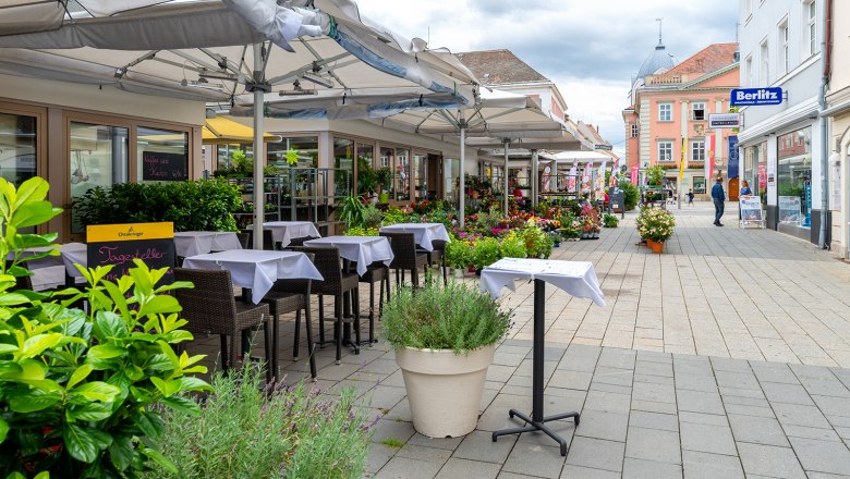 Wiener Neustädter Innenstadt, © Wiener Alpen/Schubert Straßenszene in Wiener Neustadt mit Cafés und Geschäften.